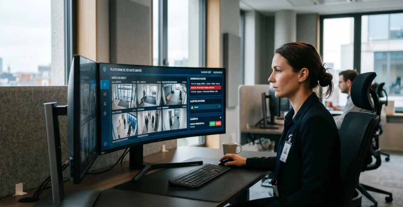 Technicien dans une salle de contrôle moderne supervisant des écrans affichant des flux vidéo et des logs de contrôle d'accès synchronisés