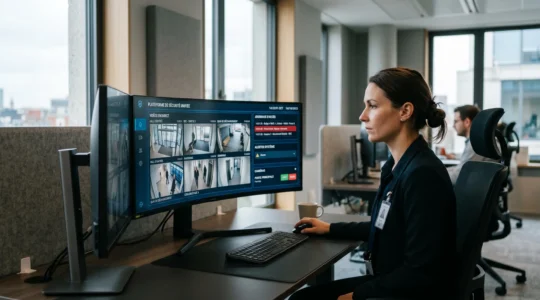 Technicien dans une salle de contrôle moderne supervisant des écrans affichant des flux vidéo et des logs de contrôle d'accès synchronisés